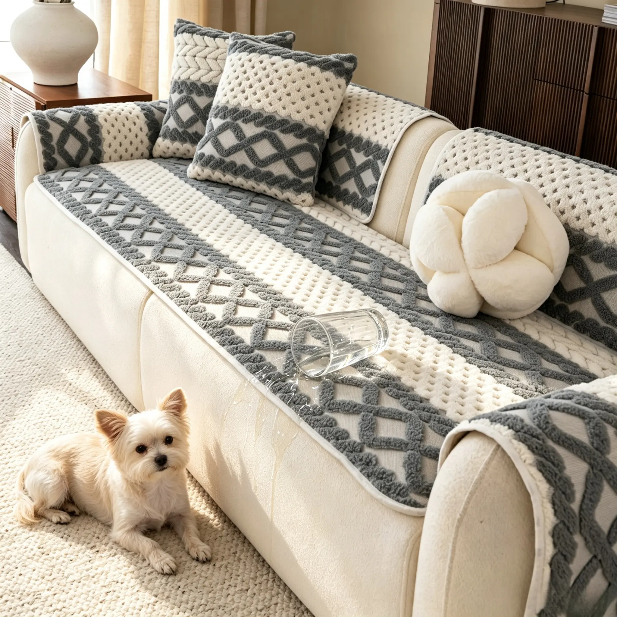 1pc Nordic Style Striped Sofa Cushion, Soft Warm Non-Slip Base, Washable Pet-Friendly Couch Protectors Universal Sofa Cover, Fits 1/2/3/4 Seater Sofas