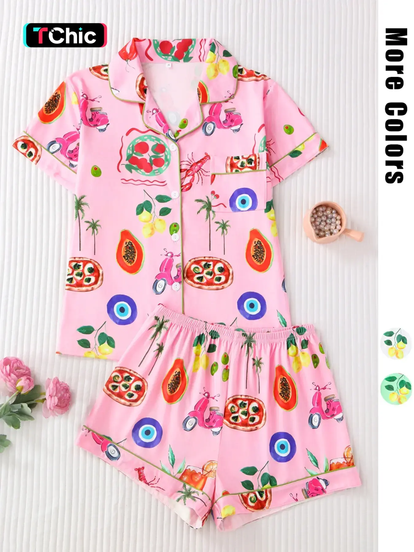 Women's Fruit Print Shirt & Elastic Waist Shorts Pyjama Two-piece Set, Casual Comfy Short Sleeve Top & Shorts PJ Set, Ladies Sleepwear Pajamas Loungewear for All Seasons, Loungewear Pjs Set