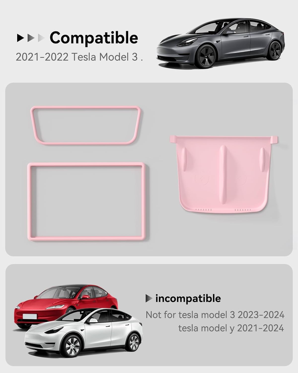 Center Console Wireless Charger Mat,Screen and Rearview Mirror Protector Frame,Anti-Slip Silicone Protector for Tesla 2021-2023 Model 3 and 2021-2025 Model Y Accessories(3 PCS Pink)