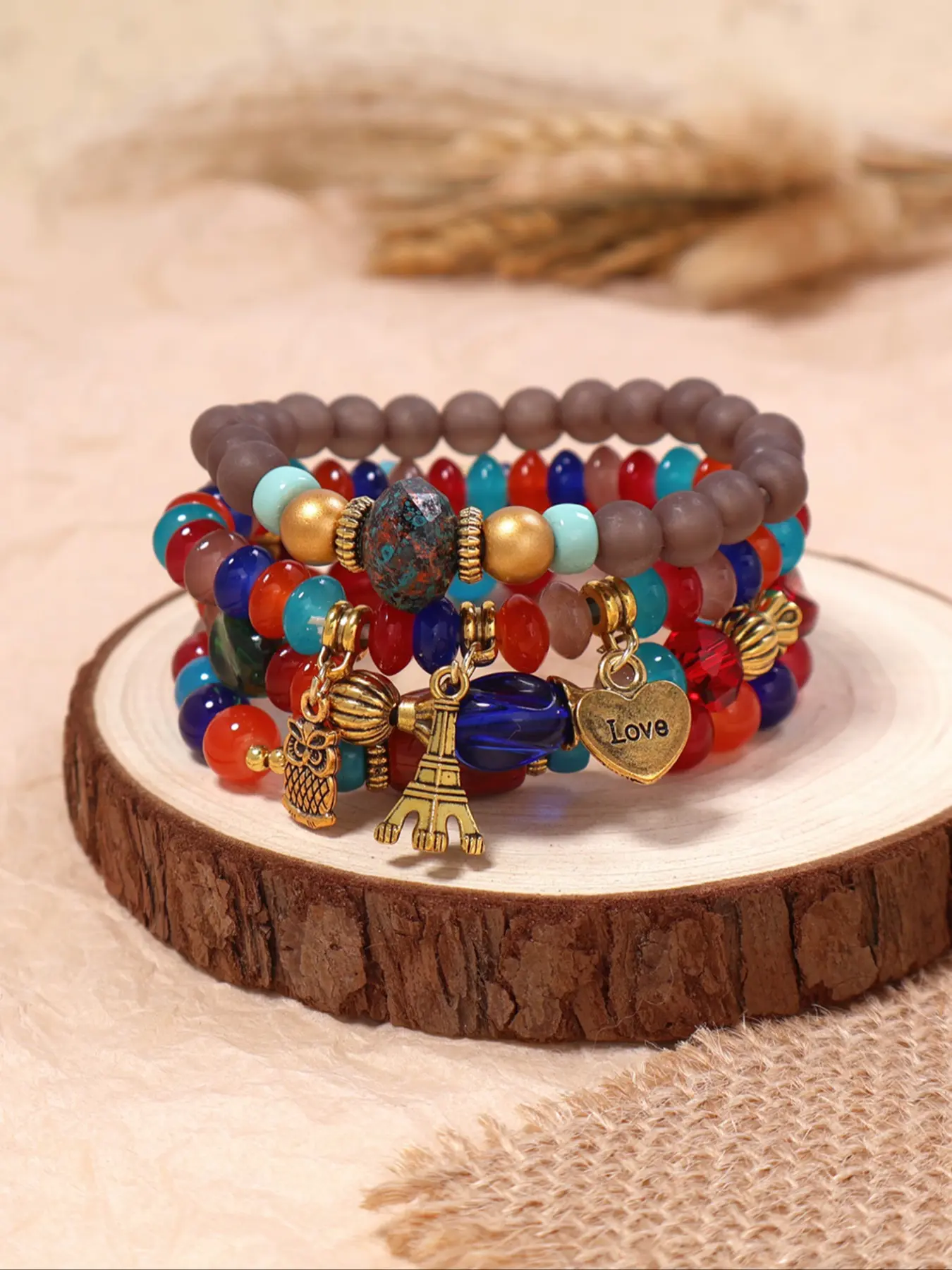Boho Style Eiffel Tower Owl Heart Pendant Multi-Layer Elastic Bracelet Set, Casual Resin Chain Jewelry for All Seasons, Stackable Boho Bracelets