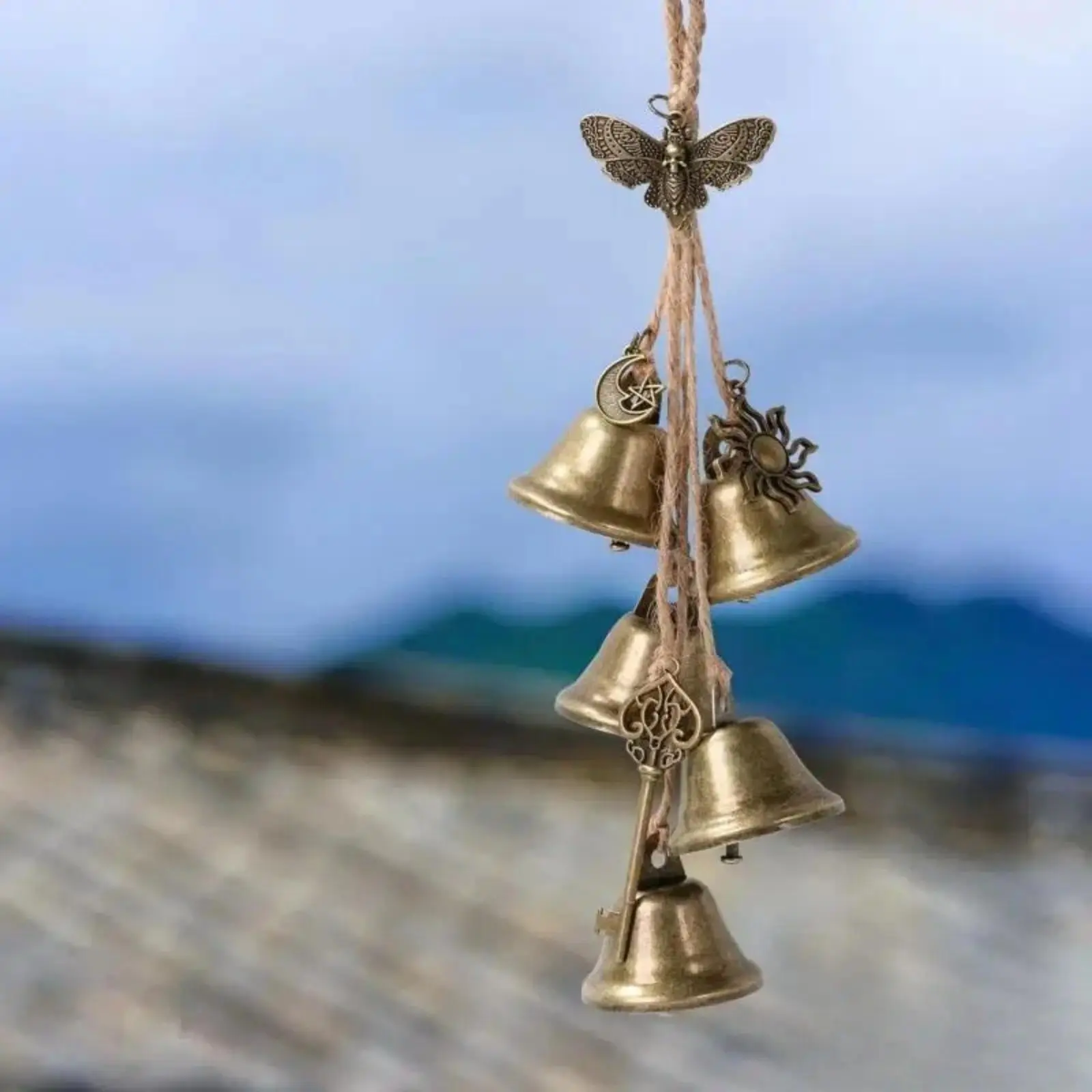 Handmade Wicca Witchcraft Protective Copper Hanging Bell Door Knocker With Intricate Carved Design, Durable Fabric Rope Battery-Free Witch Ornament, Weatherproof Outdoor Decor For Front Porch, Backyard Garden And Witch Themed Home Styling