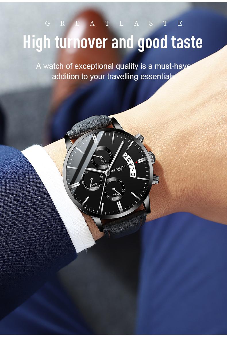 Men's Luxury Black Chronograph Quartz Watch - Leather Strap Wristwatch with Date, Multi-Function Subdials, Luminous Hands, Business Casual Dress Watch, Perfect Gift for Him