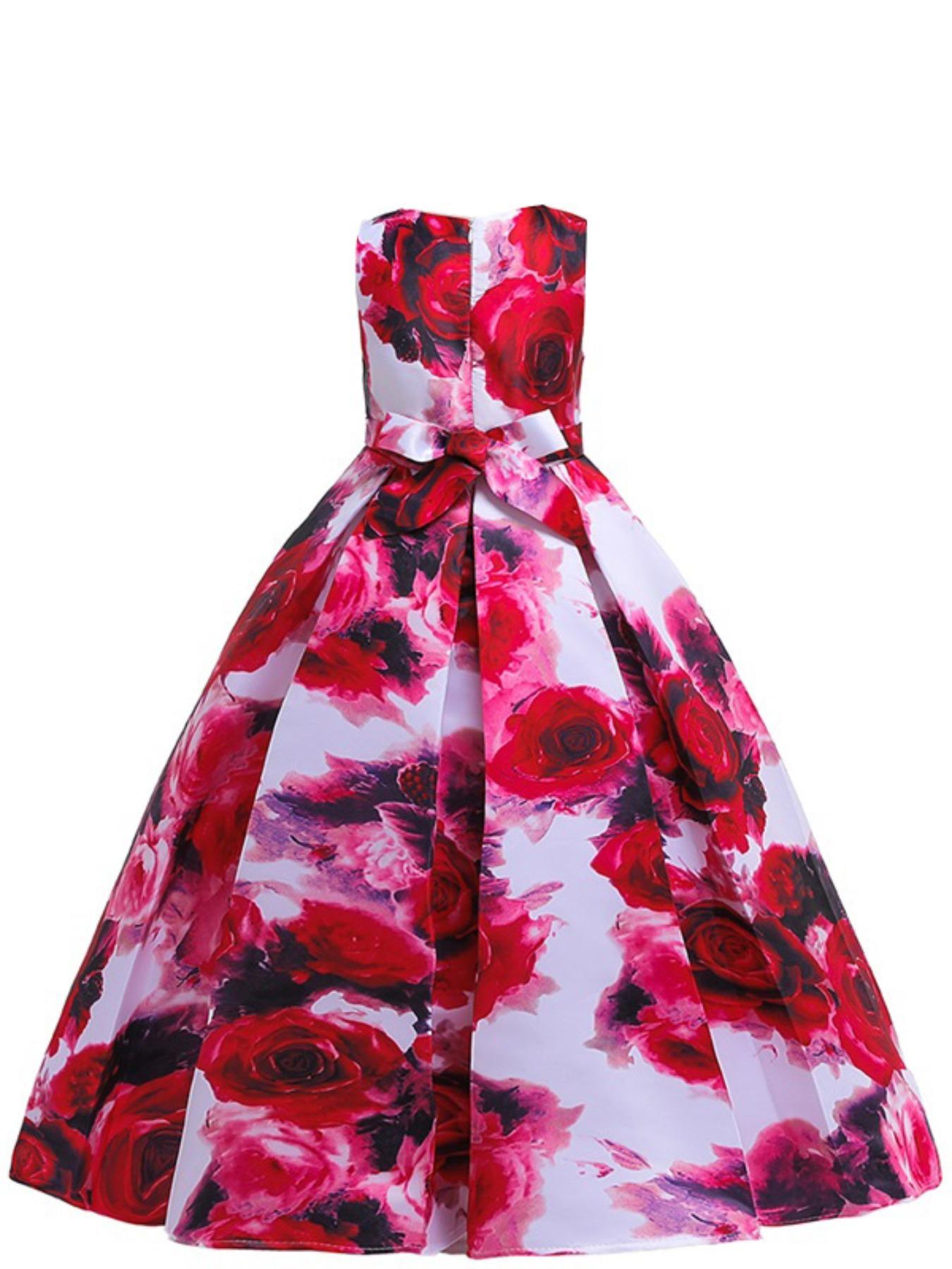 Girl's All Over Floral Print Bow Back Plicated Tank Dress, Elegant Sleeveless Round Neck Maxi Dress for Party Performance Wedding Guest, Floral Printed Dress, Kids Clothes for All Seasons