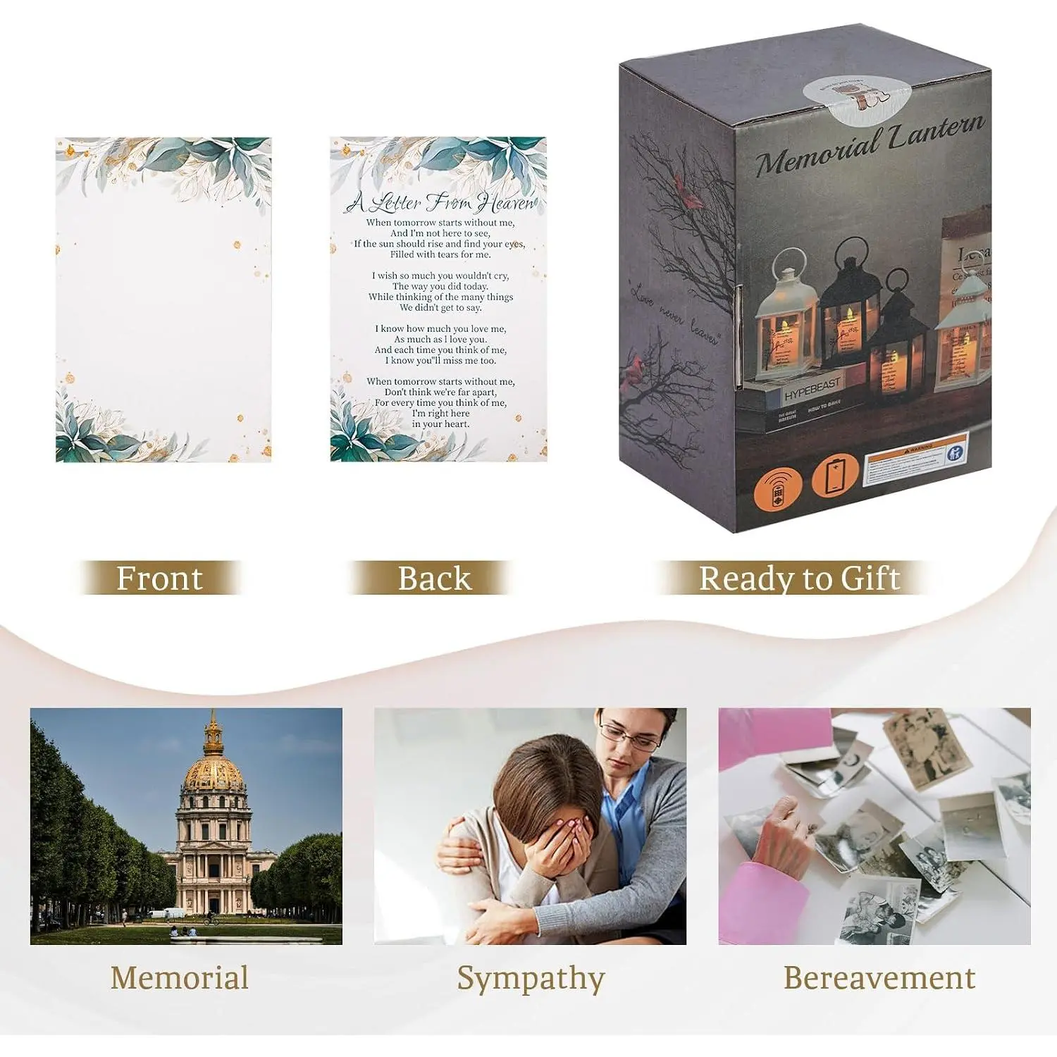 White remembrance lantern with card, flickering flame, bereavement keepsake, for funeral or celebration
