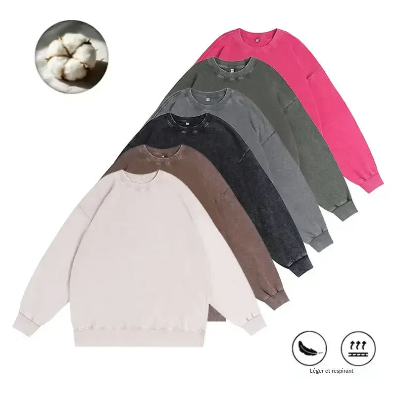 Men's solid color washed crew neck sweatshirt, with skin friendly and comfortable fabric, resistant to shrinkage, loose dropped shoulder silhouette, vintage distressed texture, suitable for daily wear in autumn and winter and casual outings. men hoodies