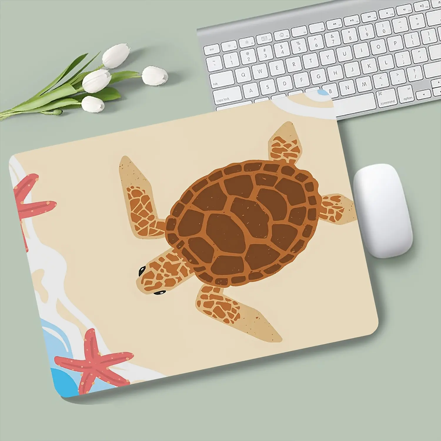 Anime Ocean Animals (Sea Turtle & Starfish) Pattern Vintage Mini Mouse Pad - Non-Slip Rubber Desk Protector for Gaming Office Use