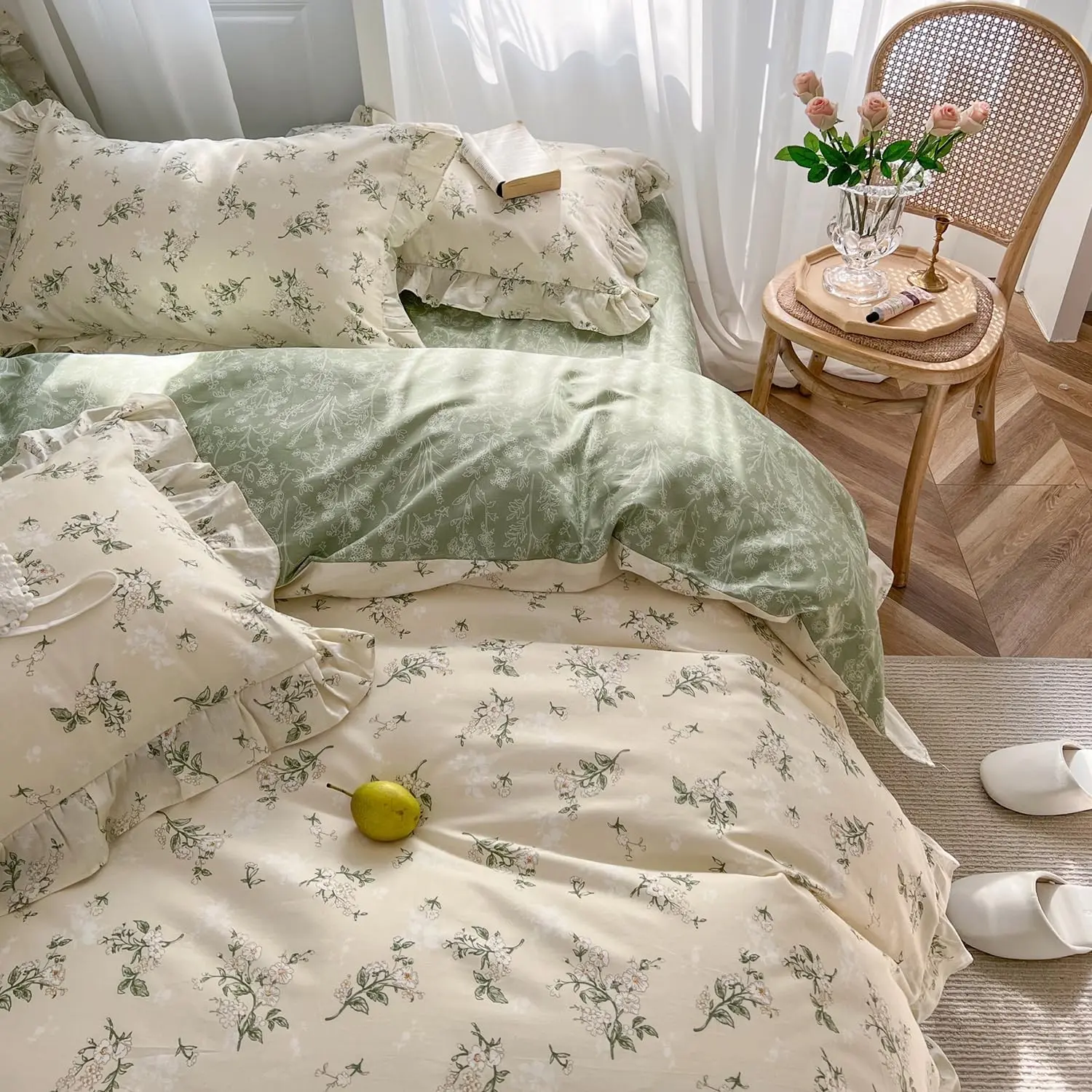 Botanical Floral Duvet Cover Twin XL Beige Girls Floral Ruffled Bedding Set Cottagecore Flower Comforter Cover Green Reversible Aesthetic Bed Set Cotton Elegant Style Students Duvet Cover