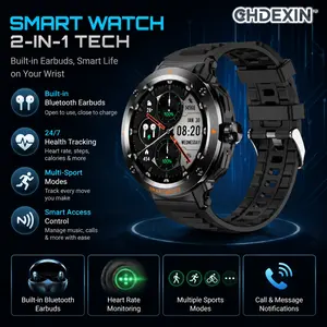 CHDEXIN 2-in-1 Rugged Multi-Sports Smart Watch with Built-in Magnetic Wireless Earbuds, Alloy Body, Bluetooth Calling, Advanced Bio-Sensor Health Tracker, & Device Charging Support