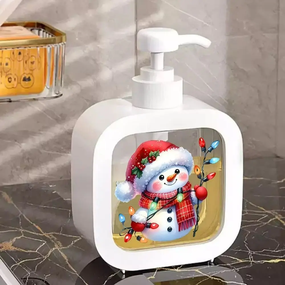 High Capacity Transparent Refillable Dispenser Bottle with Pump, Christmas Soap Dispenser, Snowman Design, Durable Plastic, Holiday Decor