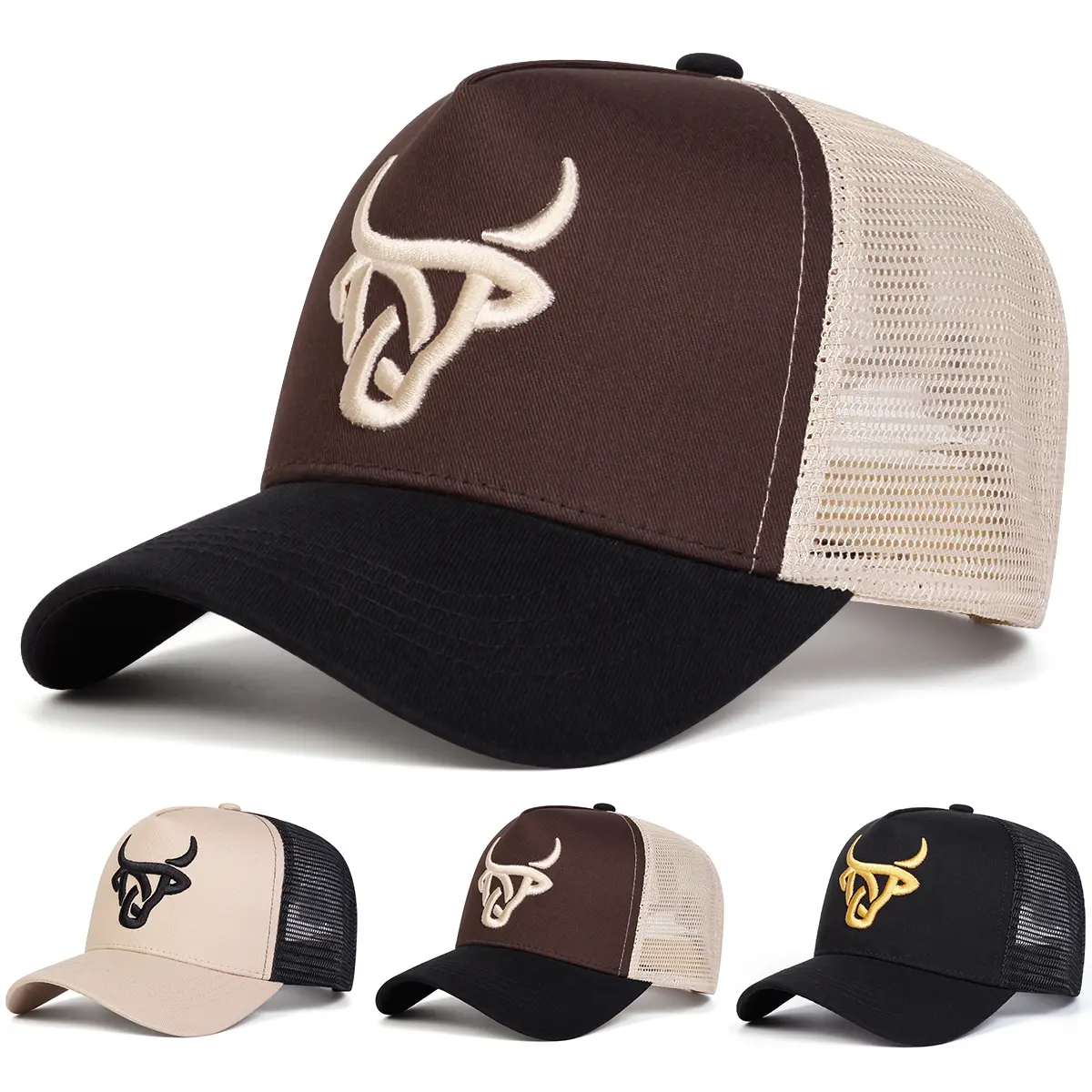 Unisex Bull Head Embroidered Animal Print Polyester Baseball Cap - Mesh, Adjustable, Casual Outdoor Wear Sun Protection Hat for Spring, Autumn Travel