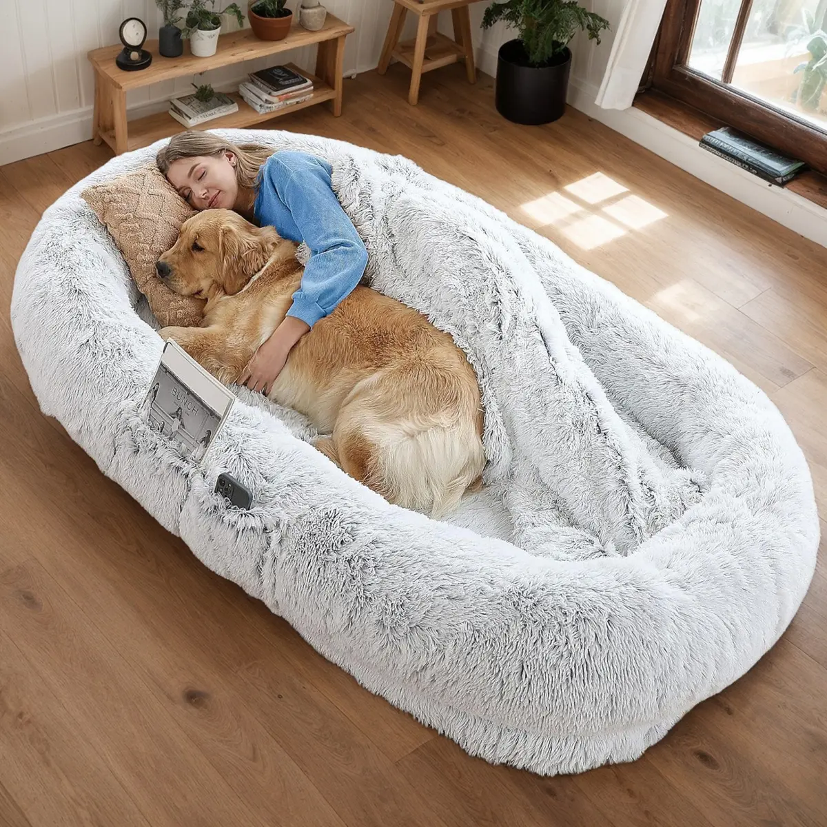 Aobtkel Human Dog Bed for People and Pets, 71 x 45 x 14 Inch Giant Orthopedic Napping Bed with Washable Faux Fur Removable Cover, Extra Large Human Size Pet Lounger for Adults Dogs Cats, Grey, No Pillow Blanket