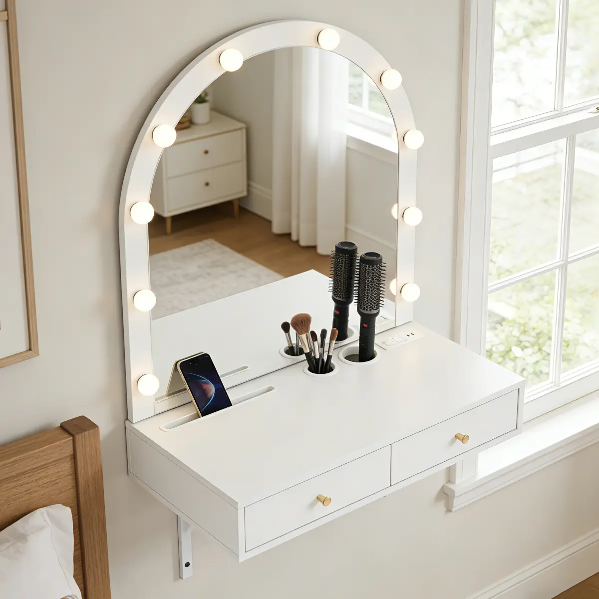 Sturdy Wall-Mount White Metal Floating Makeup Vanity Desk - Engineered Wood, 3-Color LED Lit Tabletop Mirrors, Adjustable Illumination, Charging Port, Compact Arch Shape, Drawers, Large Storage, Glam Style, 121 lbs Capacity, Easy Setup