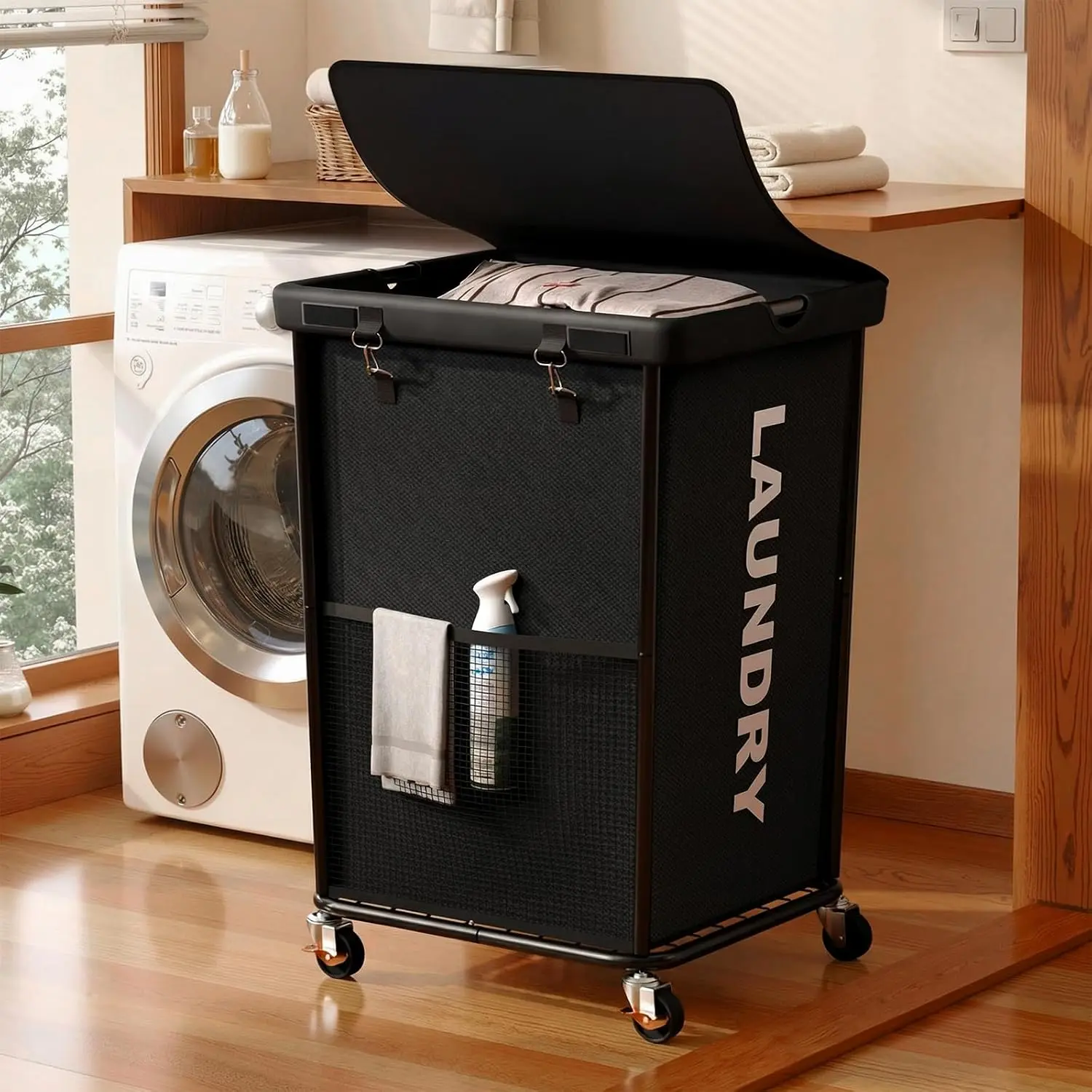 Laundry Hamper with Wheels and Lid, 150L Large Rolling Laundry Basket Black| Duty Clothes Organizer, Sturdy Frame, Lockable Swivel Casters, Removable Bag, For Bedroom,, Laundry Room