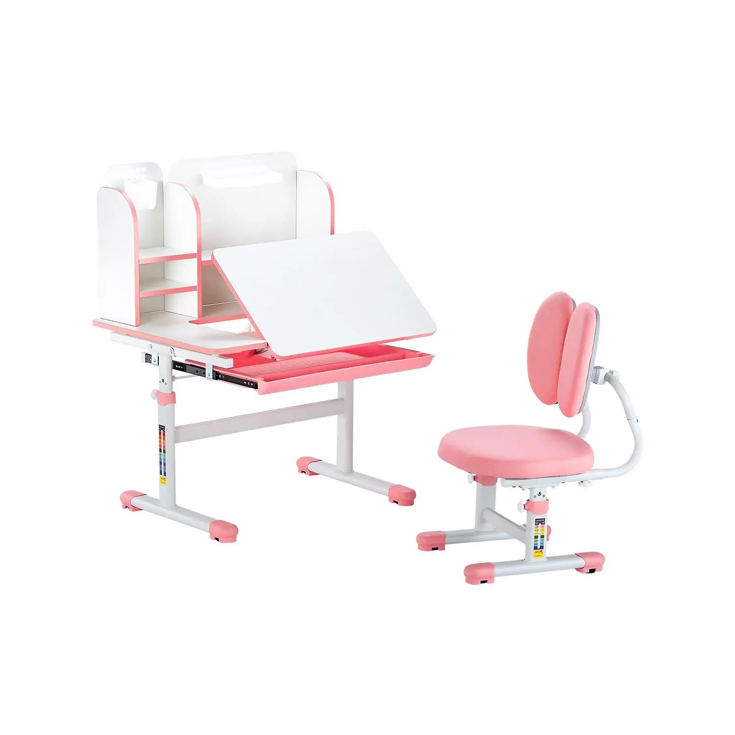 【DealsForYouDays】VEVOR Kids Study Chair and Desk Set, Study Desk and Chair for Kids with Bookshelf Storage Drawer, Adjustable Height 0-40 Tilted Desktop Desk and Chair, Study Table for Bedroom Study Room, Pink