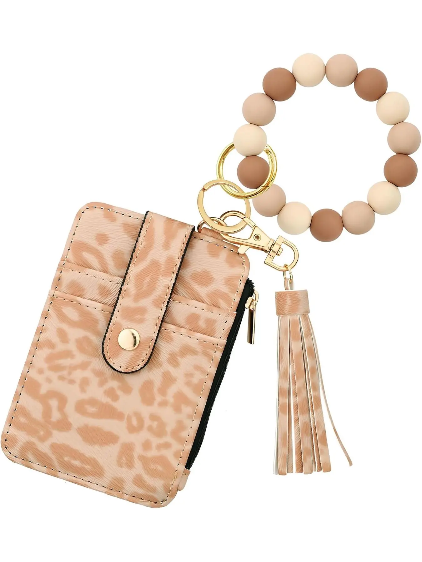 Leopard Card Holder, Keychain Wristlet for Women Wallet,Beaded Wallet Wristlet, Tassel Keychain Bangle Key Ring for Men Women