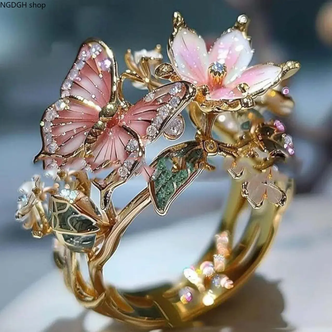 Enamel Butterfly Blossom Open Ring - 3D Raised Flower, Crystal-Paved, Antique Gold Twisted Band, Sparkling Rhinestone Detail, Comfortable Adjustable Fit, Stackable for Formal Events & Daily Elegant Wear (Butterflies Accent)