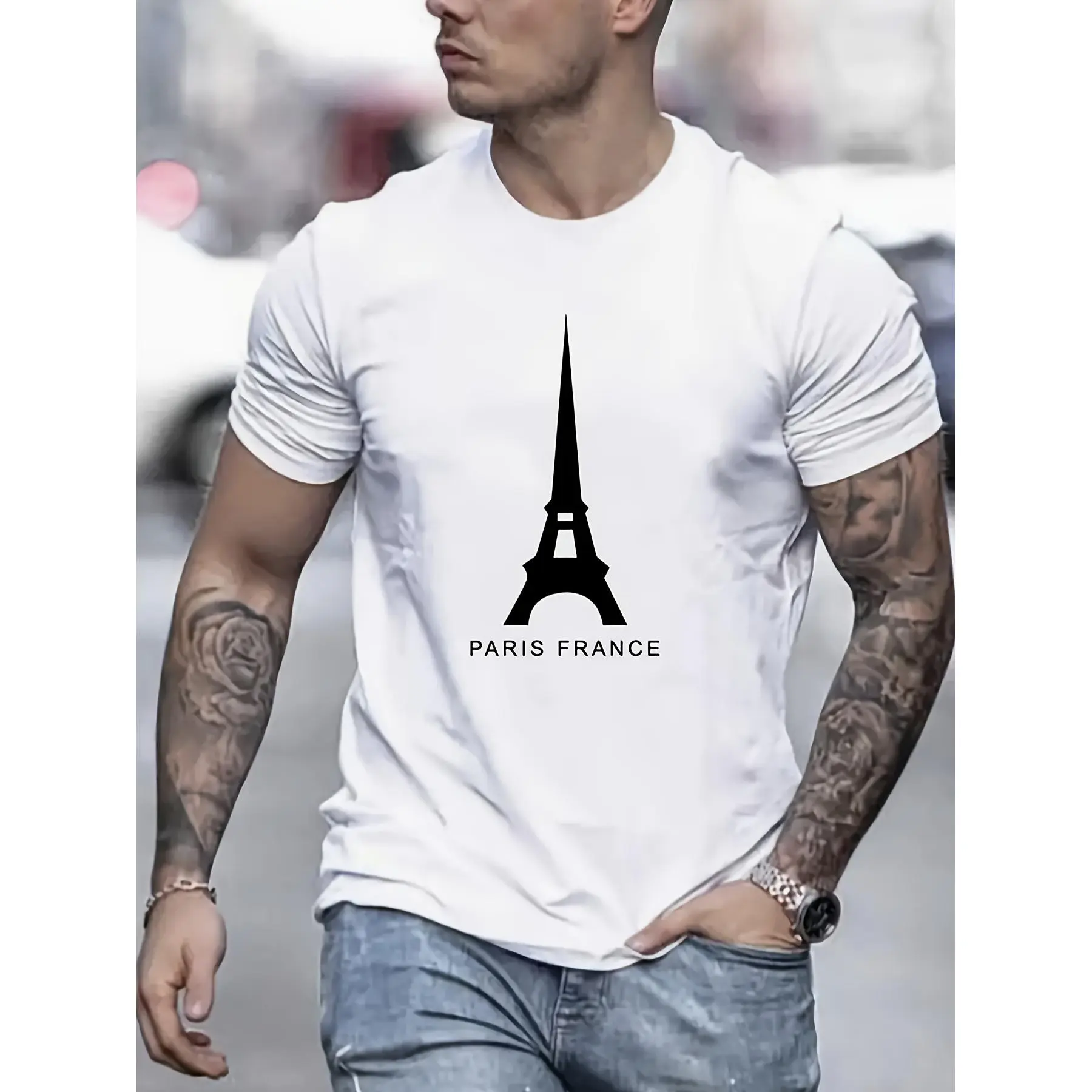 Men's Paris France Eiffel Tower T-Shirt - Iconic Black & White Silhouette & French Flag Accent, Casual Round Neck Short Sleeve Tee, Machine Washable All-Season Fit for Travel Souvenir or Casual Attire
