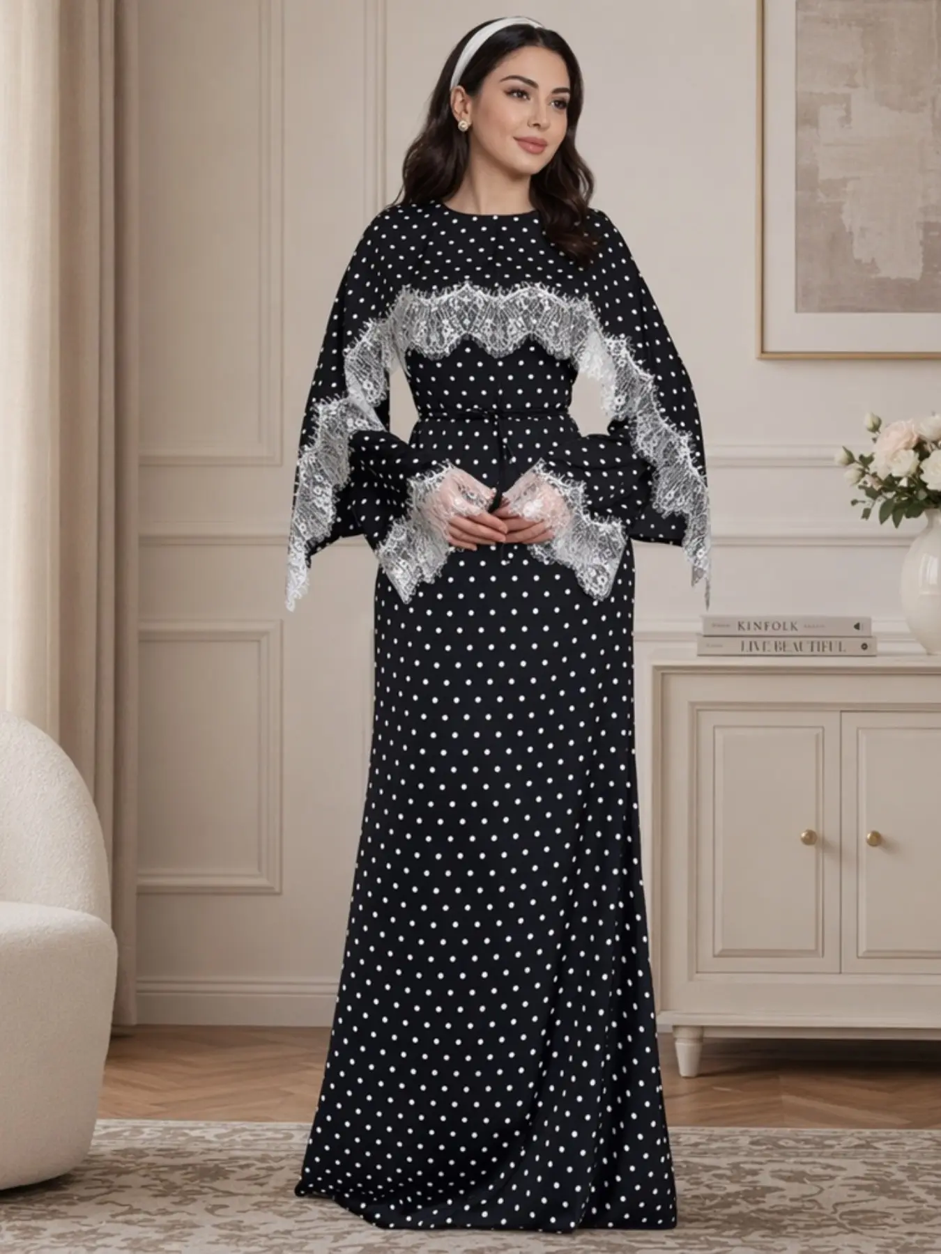 Muslim Women's Lace Patchwork Polka Dot Kaftan Dress, Elegant Ramadan Sacrifice Abaya, Loose-Fit Spring & Fall Fashion, Modest Muslim Clothing