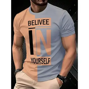 Men's 3D Graphic T-Shirt, Believe in Yourself Print, Light Blue, Bold & Text, Short Sleeve, Casual Fit, All Seasons Wear