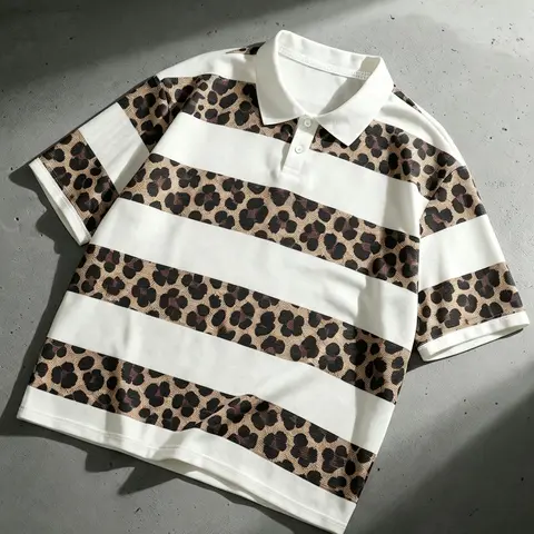 Men's Leopard Print And White Striped Patchwork Printed Polo Shirt, Loose Fit Short Sleeve Casual Top For Summer Polos Daily Streetwear Menswear