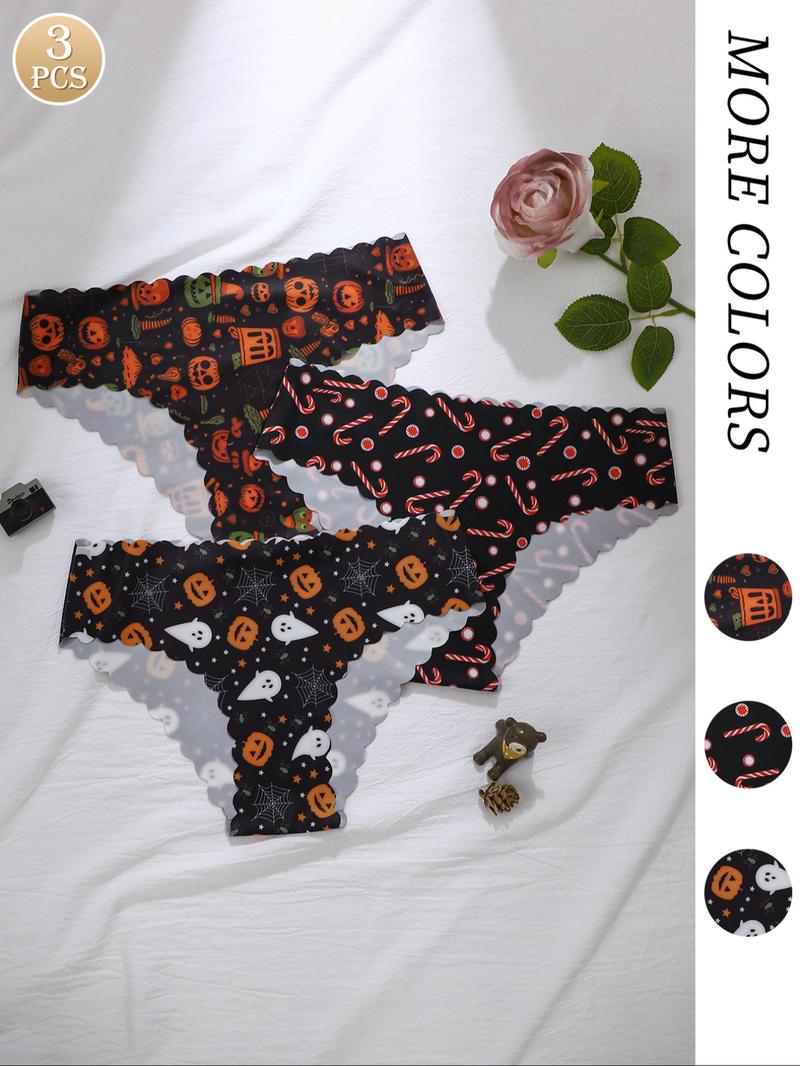 Women's Leopard & Halloween Print Underwear Set, Breathable Seamless Mid-Waist Thong Panties, Casual Fitted All-Seasons Lingerie