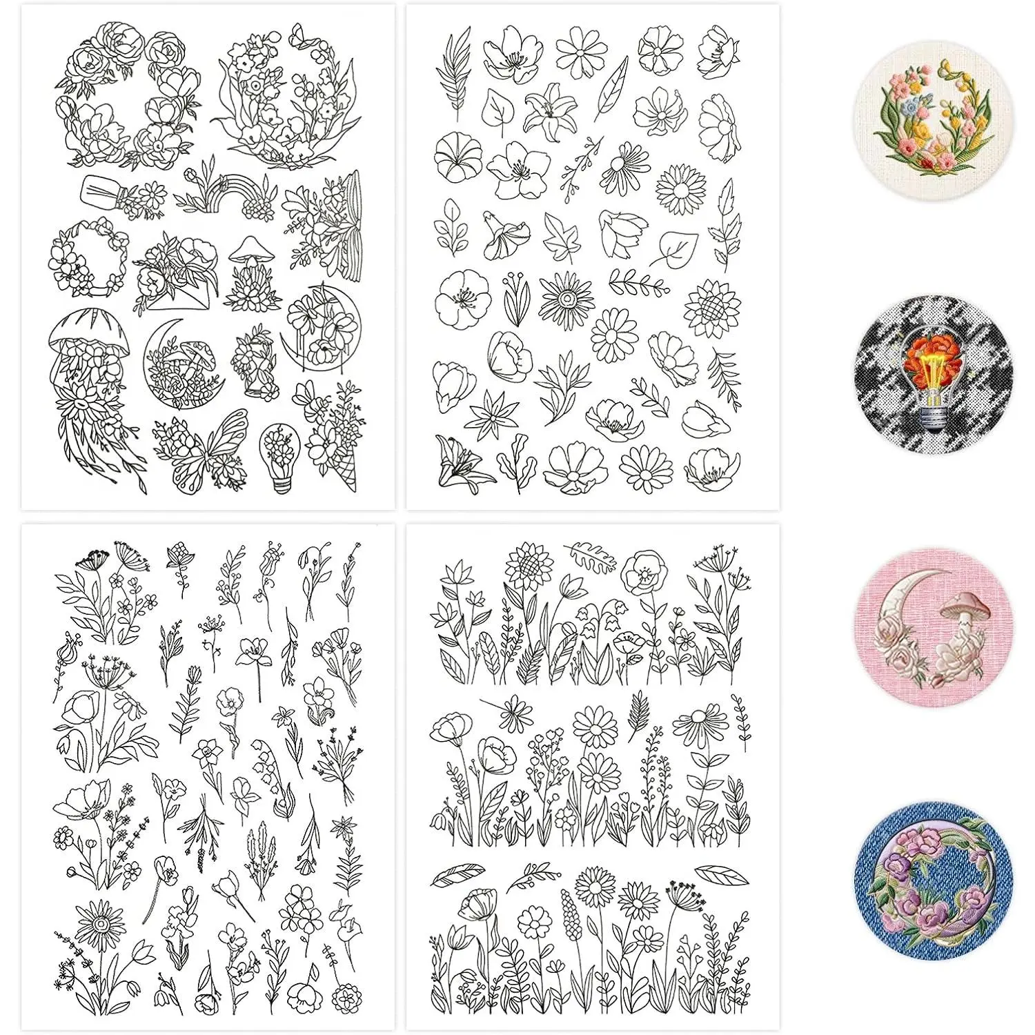 4 Sheets Stick &  Water Soluble Embroidery Paper -- Pre-Printed Floral Transfer Patterns, Wash- Stabilizer for Hand Embroidery, Beginners, Sewing & Fabric Crafts