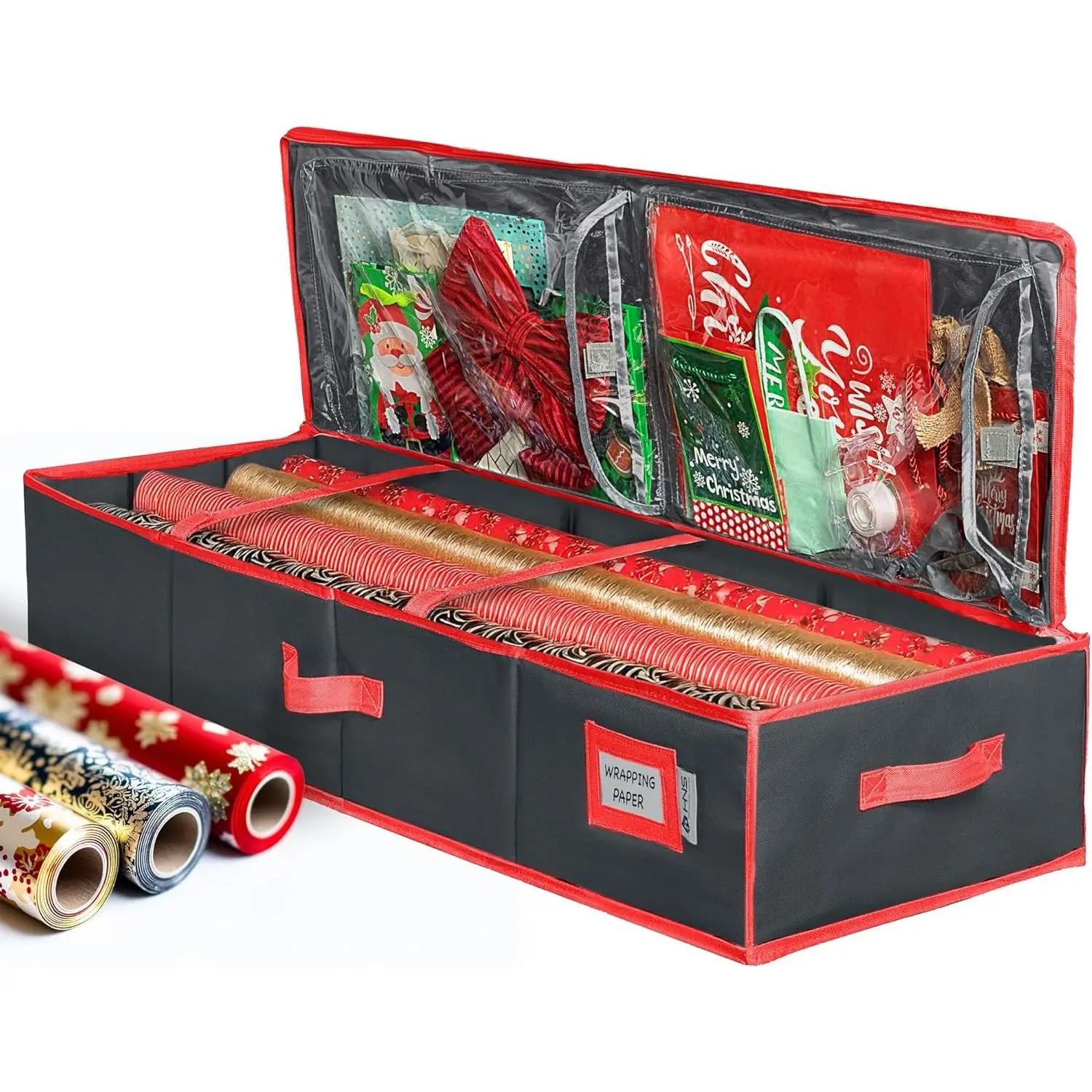 Wrapping Paper  Container, Black | Durable 600D -Proof, Fits 27 Rolls  Wrap, Extra Pockets for Ribbons & Bows, Underbed