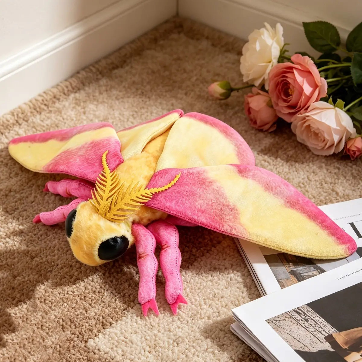 Rosy Maple Moth Plush Toy, Soft Fluffy Moth Stuffed Animal, Realistic Insect Plushie, Birthday Gift, Home Decor, Bug Animal Plush, Cuddly Stuffed Animals, Cute Stuffies