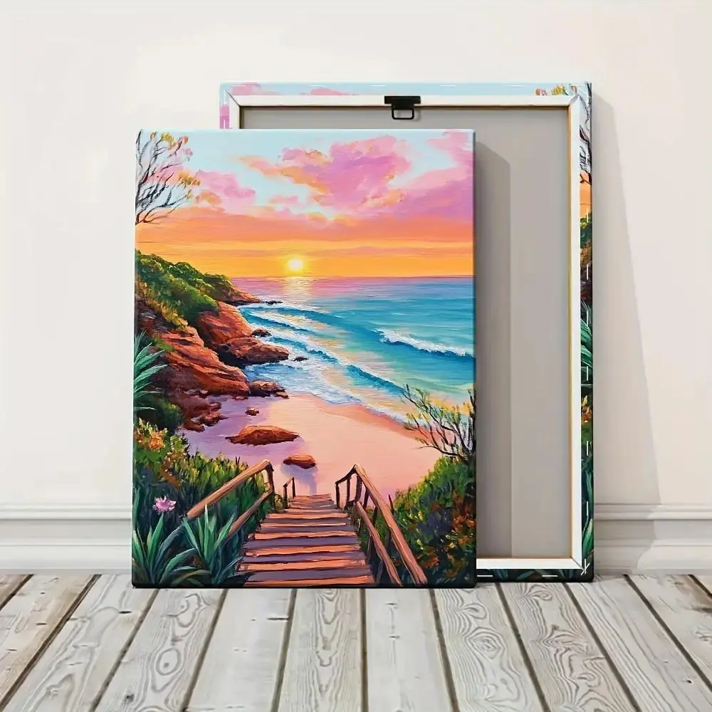 Sunset Beach Canvas Wall Art with Wooden Frame, Coastal Ocean Landscape Artwork, Modern Home Decor for Living Room, Bedroom & Office wall art Fast-Drying UV-Resistant Epoxy Floor Coating decor