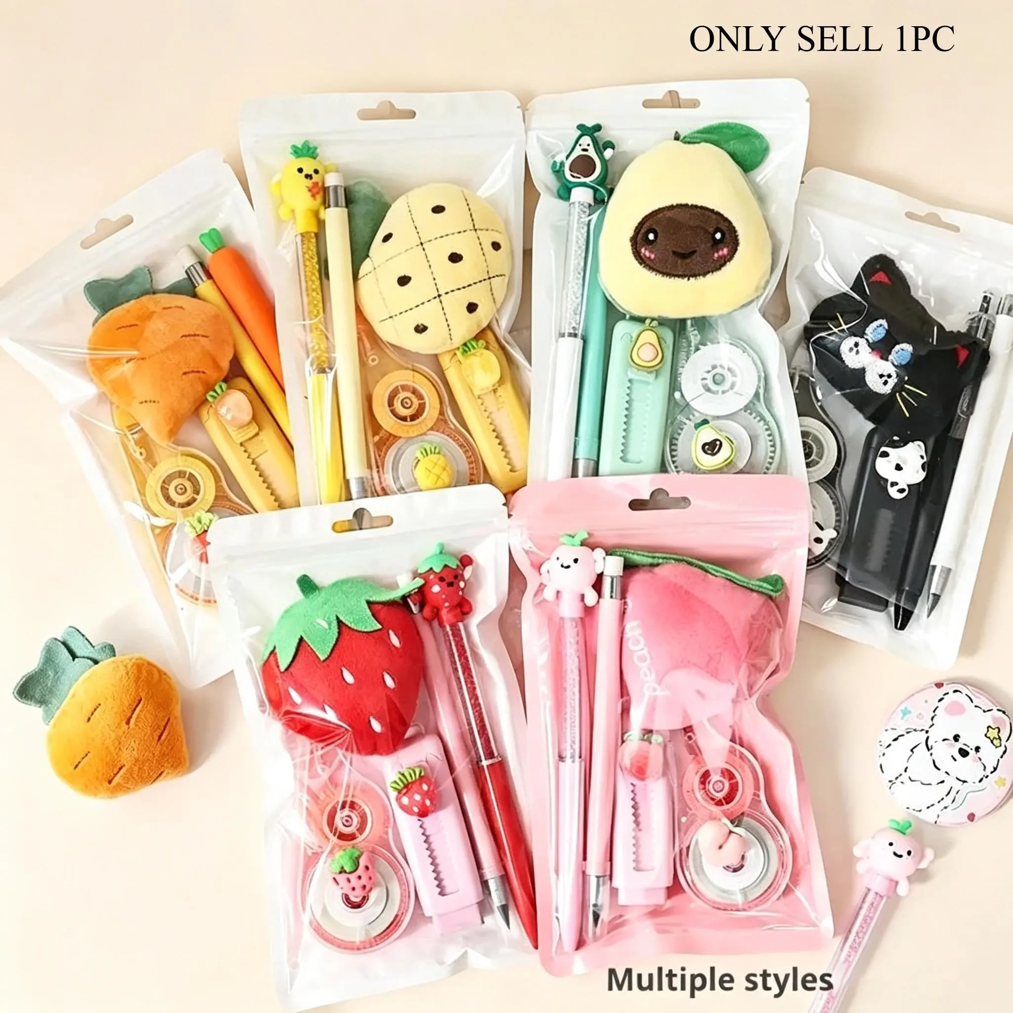 Kawaii Cartoon Fruit & Animal Stationery Set 5pcs, Cute Erasable Gel Pens, Correction Tape, Push Eraser & Plush Ornament, Aesthetic Kids School Supplies, Classroom Reward Birthday Gift for Girls Students
