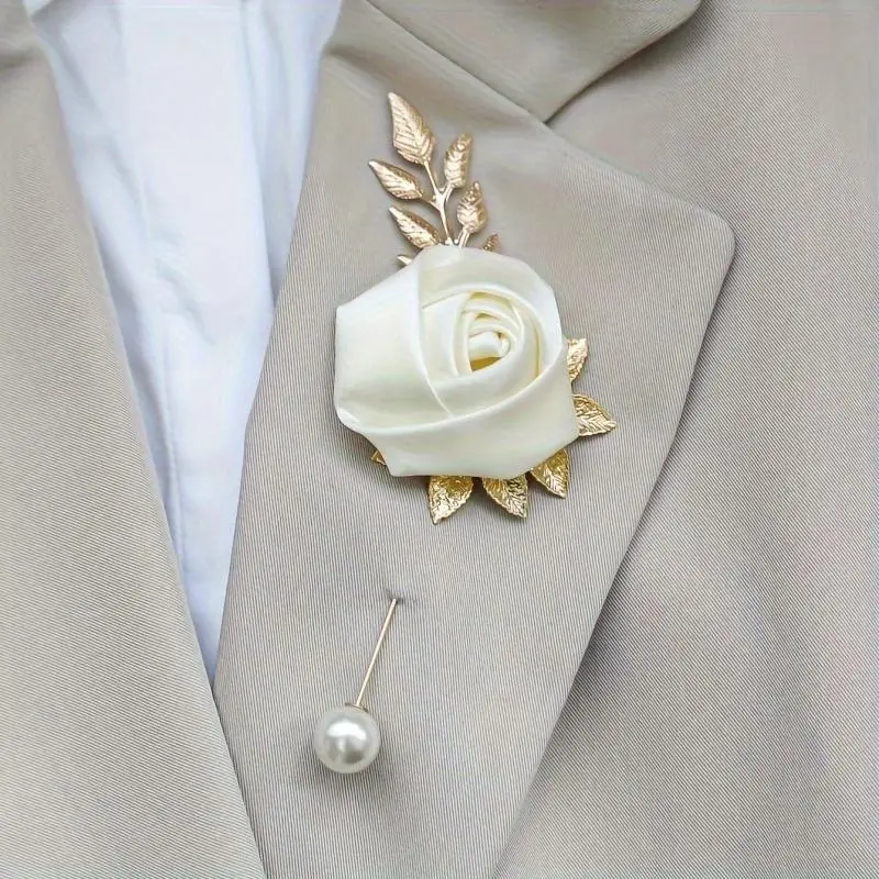 Pearl Detail Boutonniere with High-End Faux Rose Bud - 1-Piece Fashion Accessory for Wedding, Prom Decorations, One-Piece