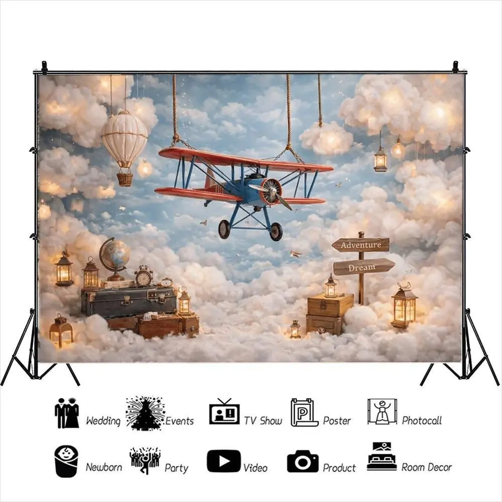 Vintage Airplane Cloud Background Cloth, Travel Theme Aviation Hanging Banner, Blue Sky Cloud Photography Backdrop, Indoor Outdoor Use