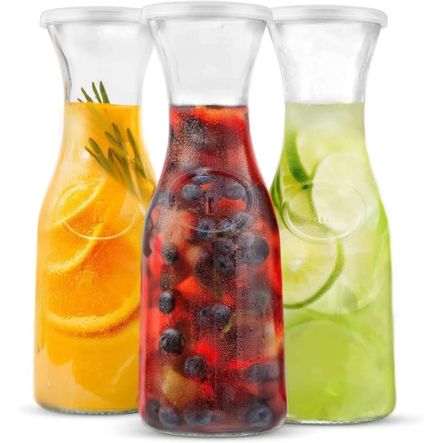 KooK Set of 3 35oz Glass Carafe Pitchers with Plastic Lids, Mimosa Bar Supplies Drink Dispensers for Parties, Perfect for Tea, Wine, Juice, Dishwasher Safe