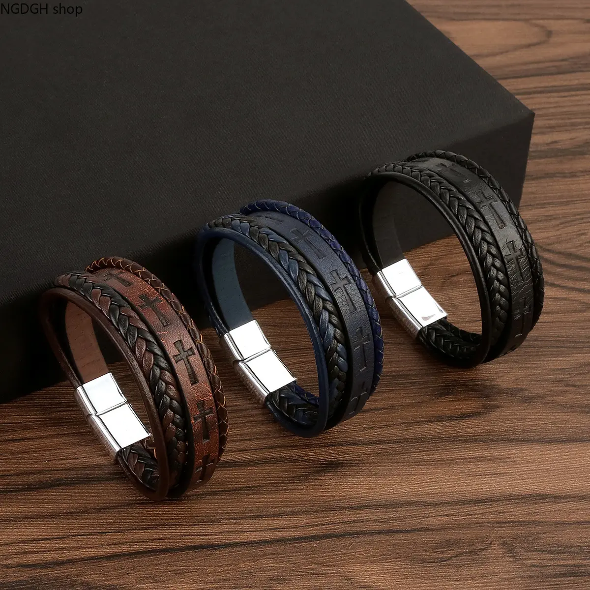 Mens Multi Layer Leather Bracelet, Retro Cross Embossed Wrap Wristband for Men, Vintage Brown Braided Religious Cuff Bangle, Punk Stainless Steel Magnetic Clasp, Christian Boyfriend Jewelry Gift