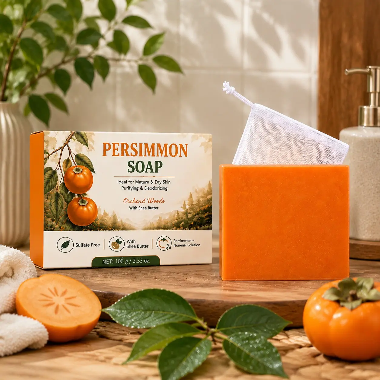Persimmon Deodorant Bar Soap, Cleanse Bar, Woody Citrus Fragrance, Odor Neutralizing, Long Lasting Fresh Scent, Gentle Daily Cleansing Soap, Body Hygiene Products, 100g