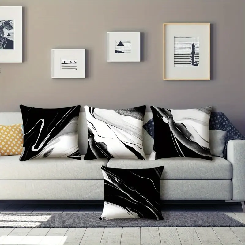 Four Pieces of 2D Flat Printed Cushion Covers Available in Multiple Sizes, Featuring Black And White Ink Wash Texture Patterns, Complemented by Black, White, And Gray Colors. They Have Non-Real Embroidery, Single-Sided Printing