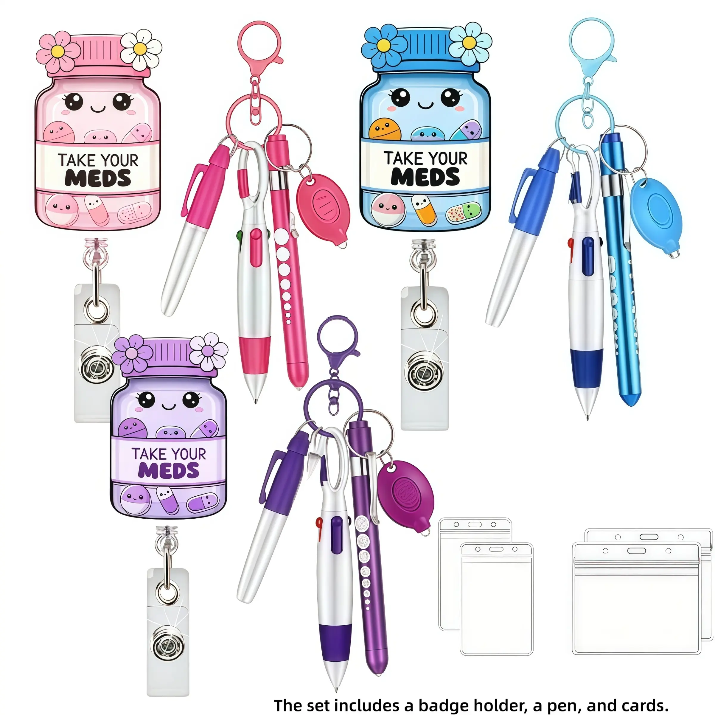 Cute Portable Medication Bottle Set, Stretchable Badge Kit, 3 Colors, Includes Pens, Keychains, Name Tags, Fun Nurse Accessories, Keychain Included, Keychain Accessory