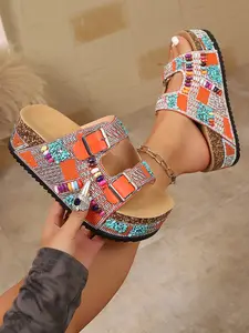 Boho Style Rhinestone Beaded Thick Sole Slippers, Large Size Dual Buckle Soft Wood Bottom Outdoor Beach Sandals, Fashionable Comfortable Footwear Bohemian Sandals, Casual Outdoor Sandals, Summer