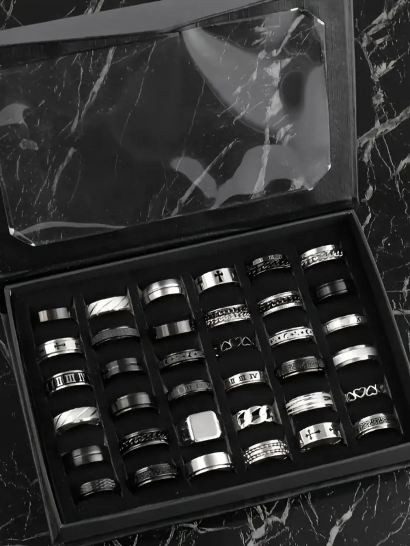 Men's Stainless Steel Punk Style Ring Set, Punk Style Fashion Rings, Cross-Line Texture Chain-Design Ring, Polished & Sandblasted Metal Rings, Stackable Finger Rings for Casual Party and Vacation Wear