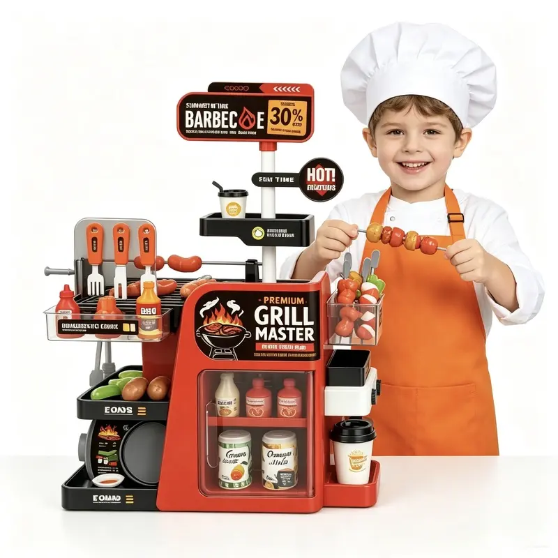 Kids BBQ Grill Playset, Pretend Barbecue Cooking Stand Toy, Kitchen Role Play Grill Station with Food Accessories, Educational Pretend Play Gift for Boys Girls 3+