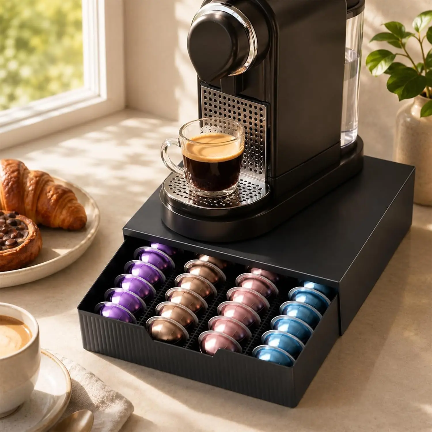 Coffee Pods Drawer Organizer Compatible with Nespresso Vertuo Pods & K-Cup Pods, Holds 48 Small or 32 Large Capsules, Black