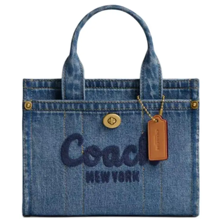 COACH Cargo 20 Script Embroidered Denim Tote Bag for Women, Small Crossbody Shoulder Handbag in Indigo Blue