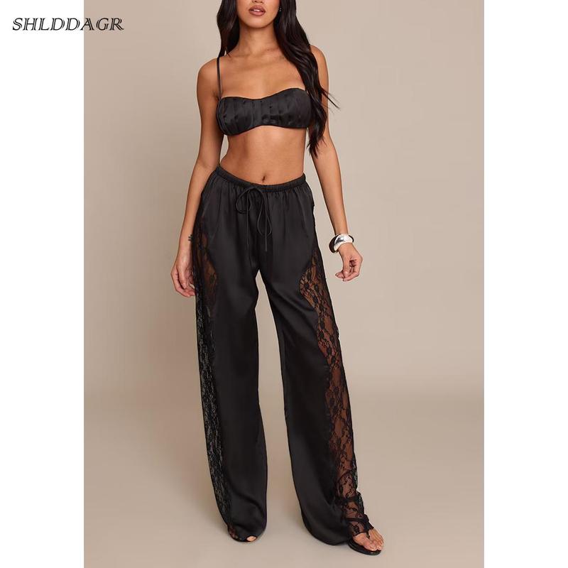 Women's Stylish and Elegant Satin Lace Wide-Leg Pants - High-Waisted Drawstring Loose Flowy Casual Party Dress Pants with Side Lace Trim (Ivory/Brown/Olive Green)