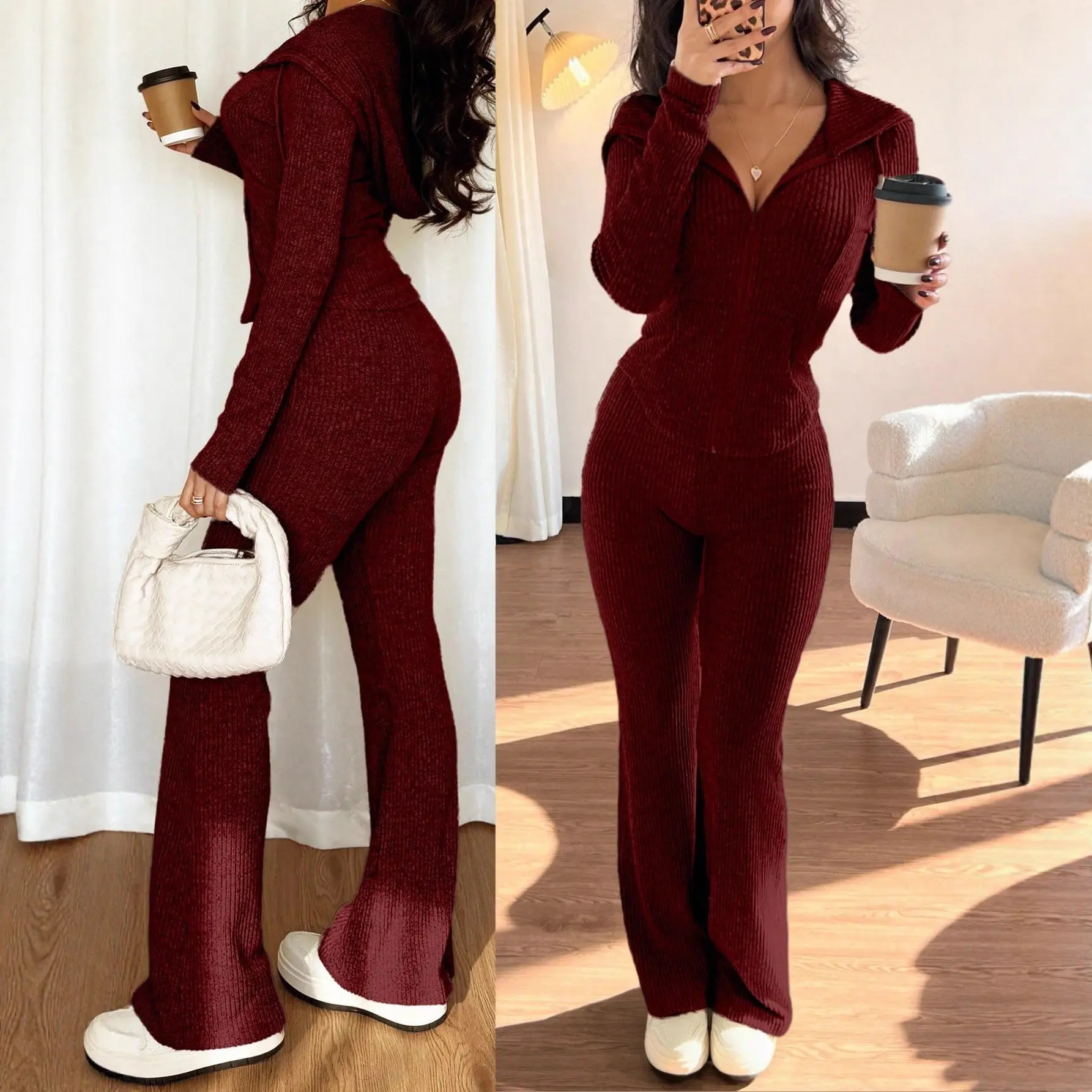 Women's 2-Piece Ribbed Knit Outfit Set - Zip-Up Hooded Crop Jacket & High-Waist Flare Pants, Casual Loungewear Tracksuit