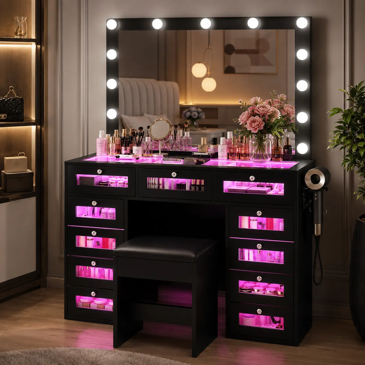 White light luxury dressing table equipped with 11 drawers and RGB ambient lights; spacious vanity desk matched with cushioned seat and 11 LED bulbs; the dressing desk comes with power sockets and a hair dryer holder, suitable for bedrooms of women and gi