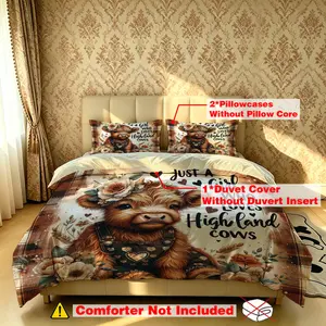 The 3-piece headwear flower calfskin set "Just A Girl Who Loves Highland Cows" includes one quilt and two pillowcases. It is unpadded, soft and comfortable, suitable for single beds and double beds, and ideal for use in bedrooms, dormitories, and h
