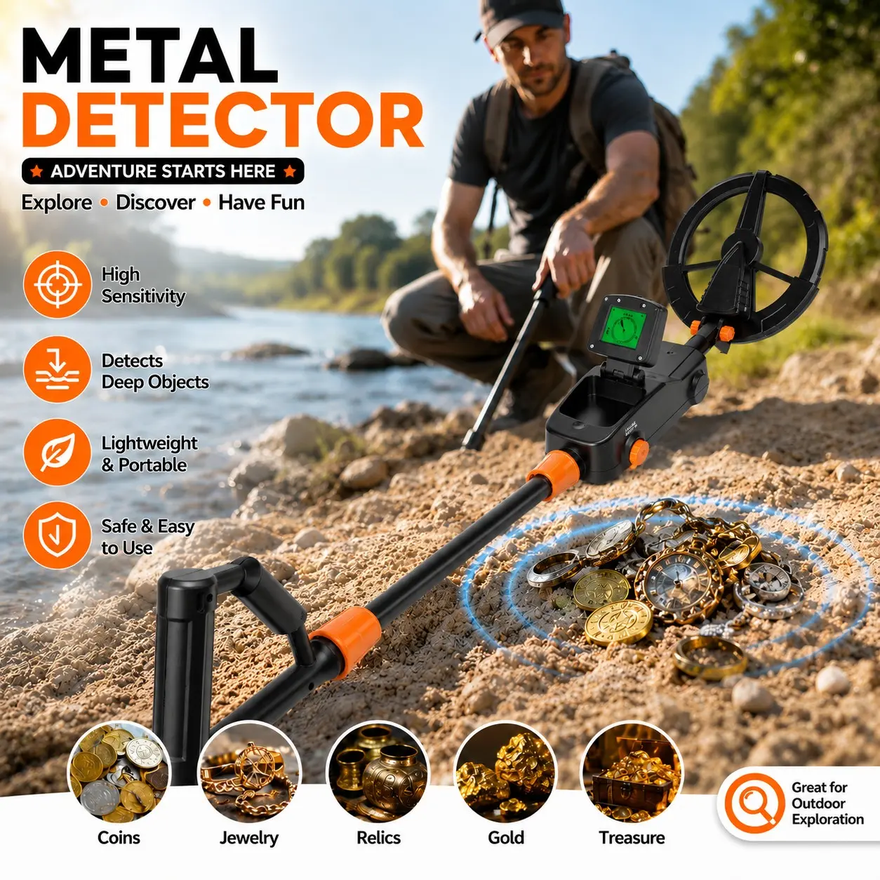 Outdoor Underground Metal Detector, Full Coverage Metal Search Device, Sound Light Alert, General Detection Instrument for Field Exploration