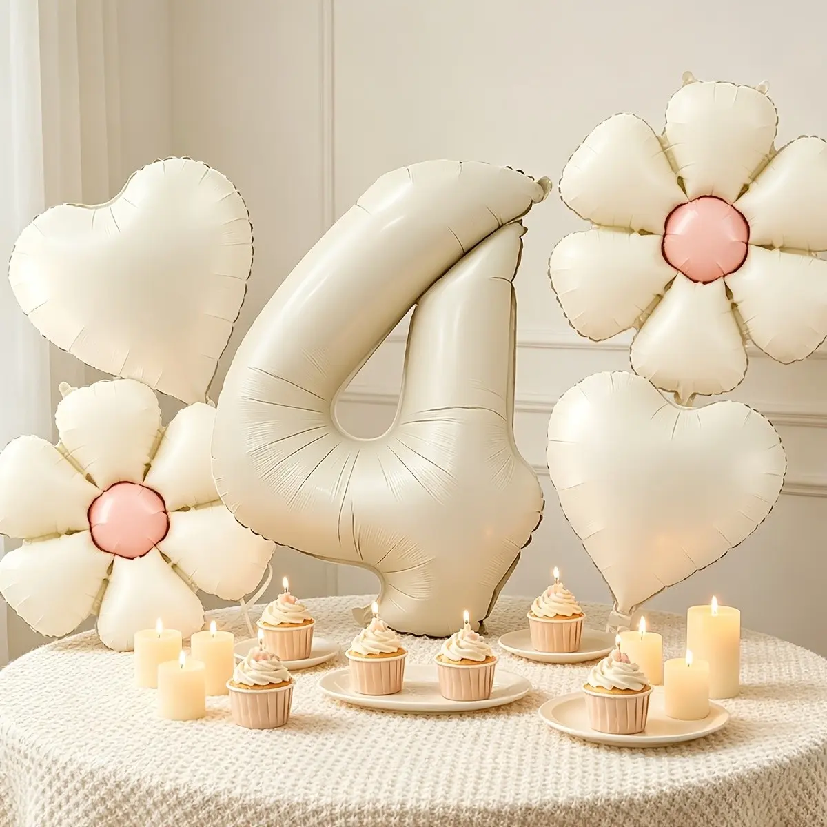 32inch Cream White Number Balloon 4 Digital Balloon with 18inch Daisy Balloons and heart balloons with white ribbon total 6pcs for 4th birthday anniversary wedding bridal shower graduation party decorations