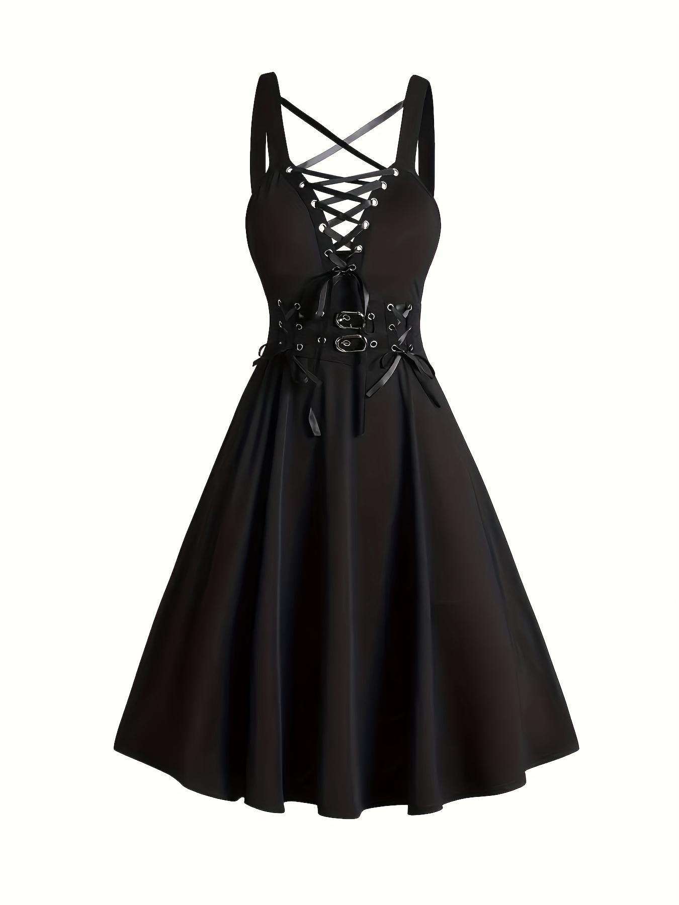 [Plus Size, Stretchable] Gothic Lace Up Grommet Eyelet Tie Front A Line Dress, Soft Jersey High Waist Buckle Belted Sleeveless Short Dress for Party Club Dating Wear, Women's Plus Clothing for Summer, Dresses for Women, Plus Size Formal Dress