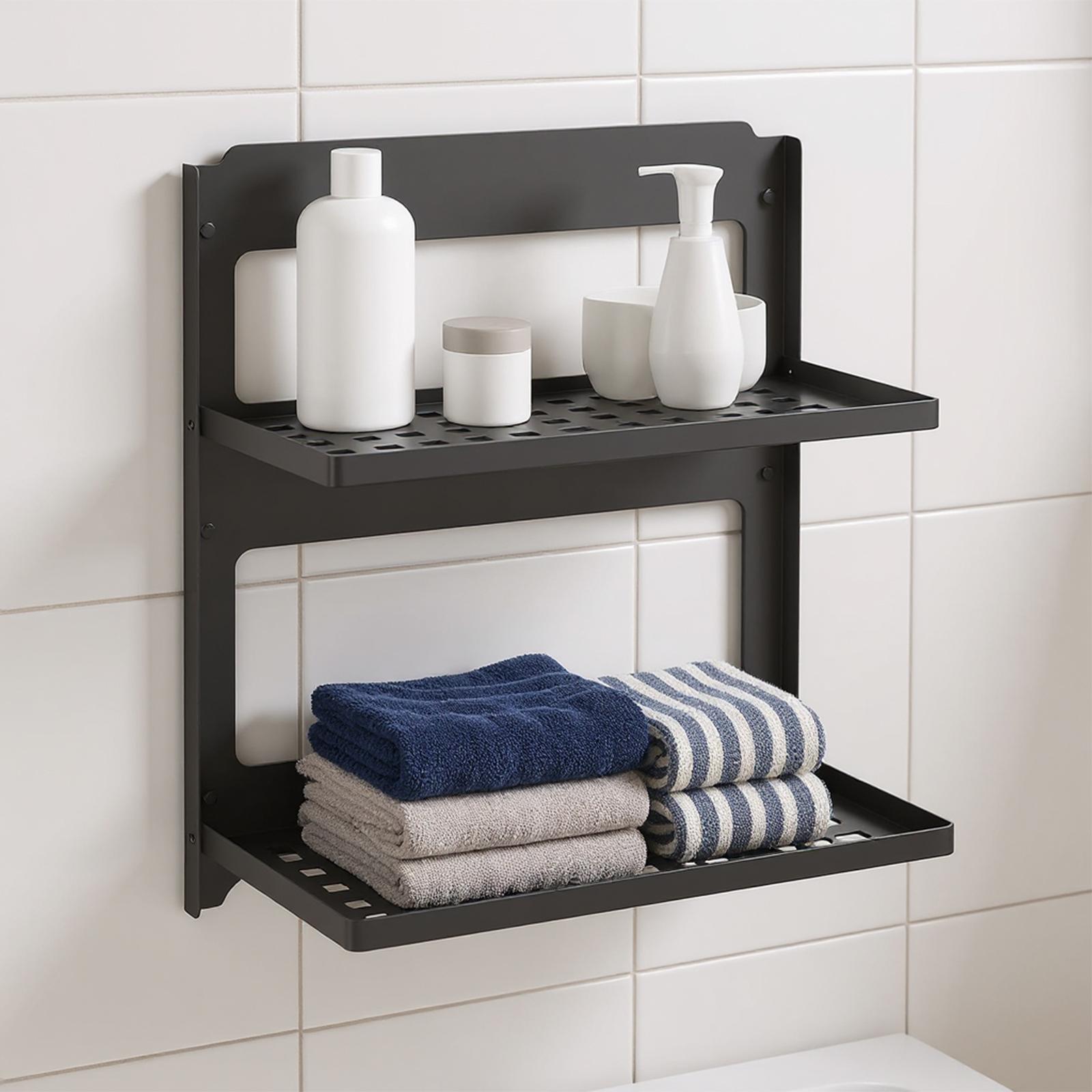 2-Tier Black Iron Floating Shelf Combined Metal Shower Shelf Rack Wall-Mounted Laundry Toilet Room Wall Organizer Stackable for Laundry Room Bathroom Utility RV